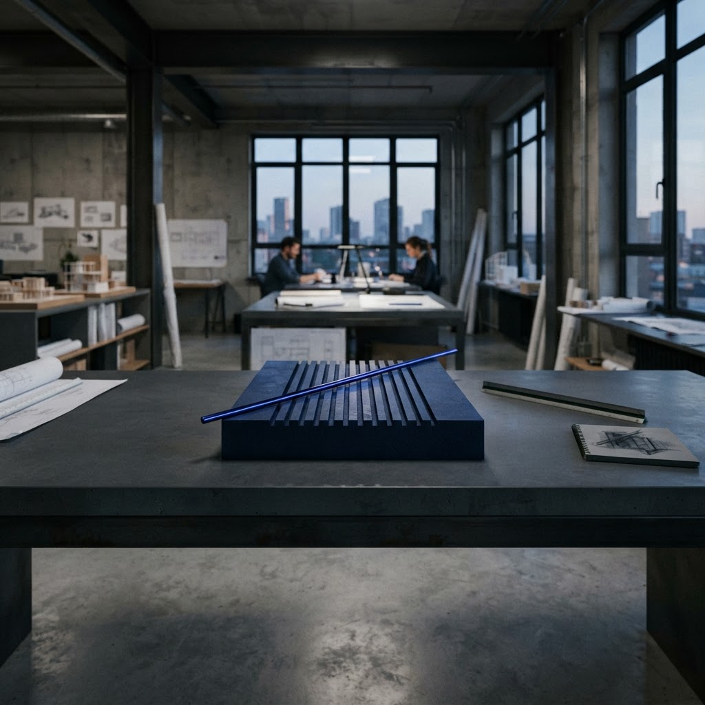 A matte navy steel block with an electric blue rod on a slate table