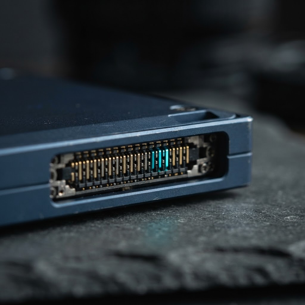 Close up detail of high end hardware with a luminous cyan accent pin