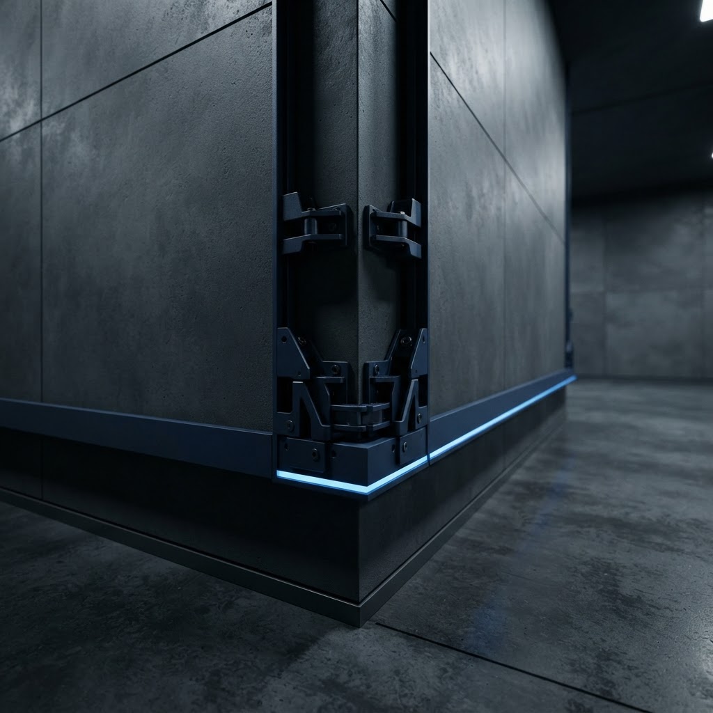 Matte navy steel brackets mounted on a dark gray wall with blue trim