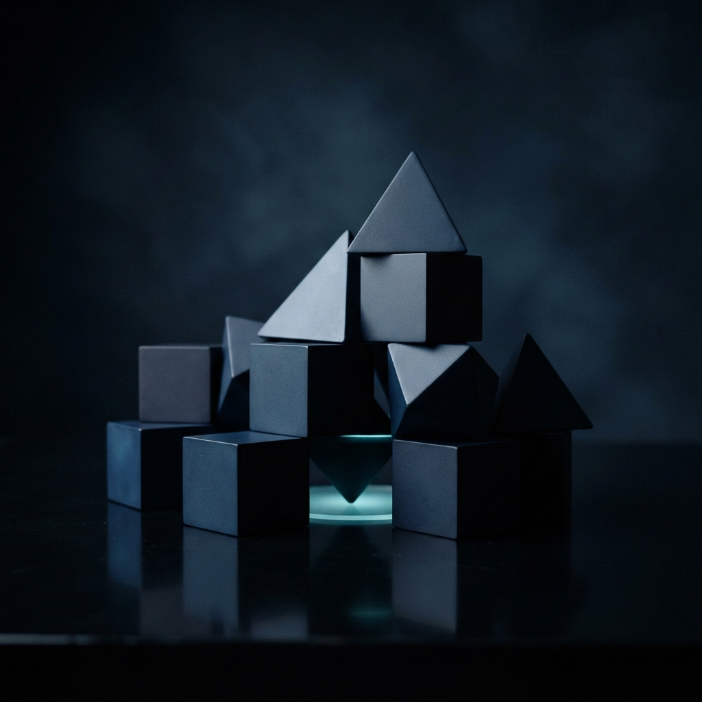 Minimalist geometric prisms on a dark reflective surface
