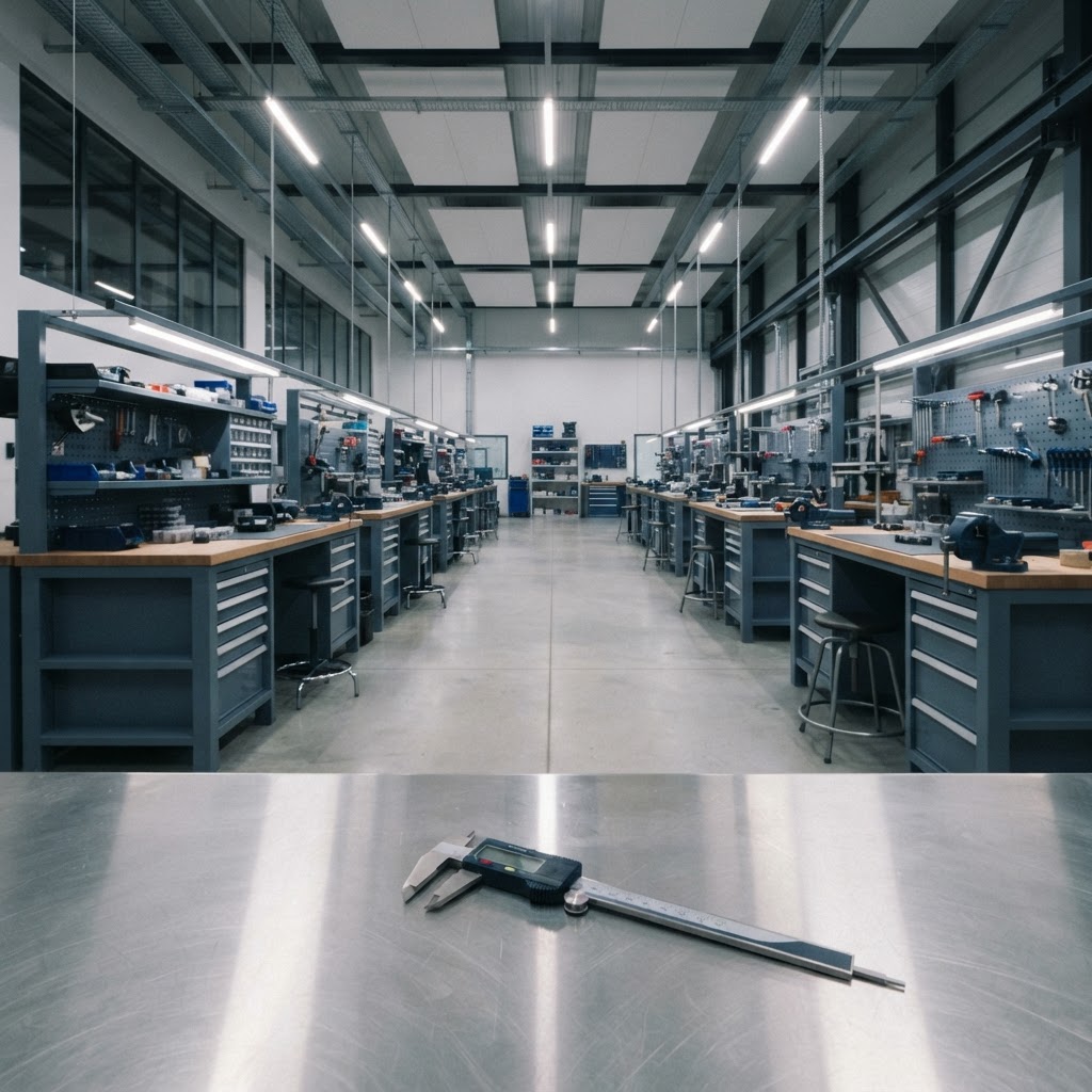 Modern organized engineering workspace with precision tools