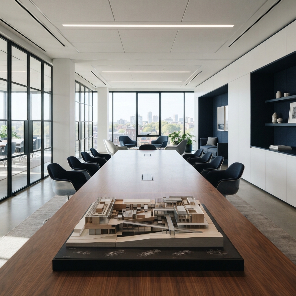 A clean minimalist meeting room interior