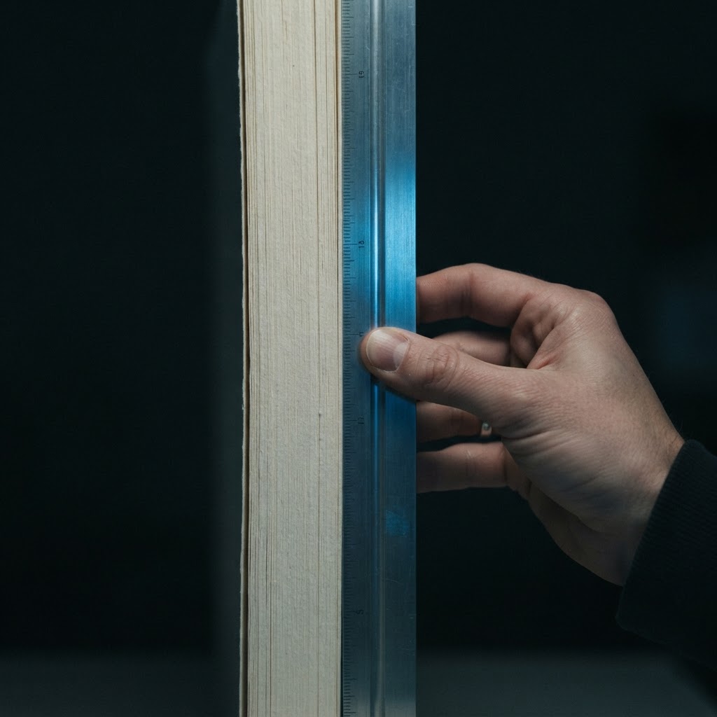 Hand holding a drafting ruler against a stack of paper