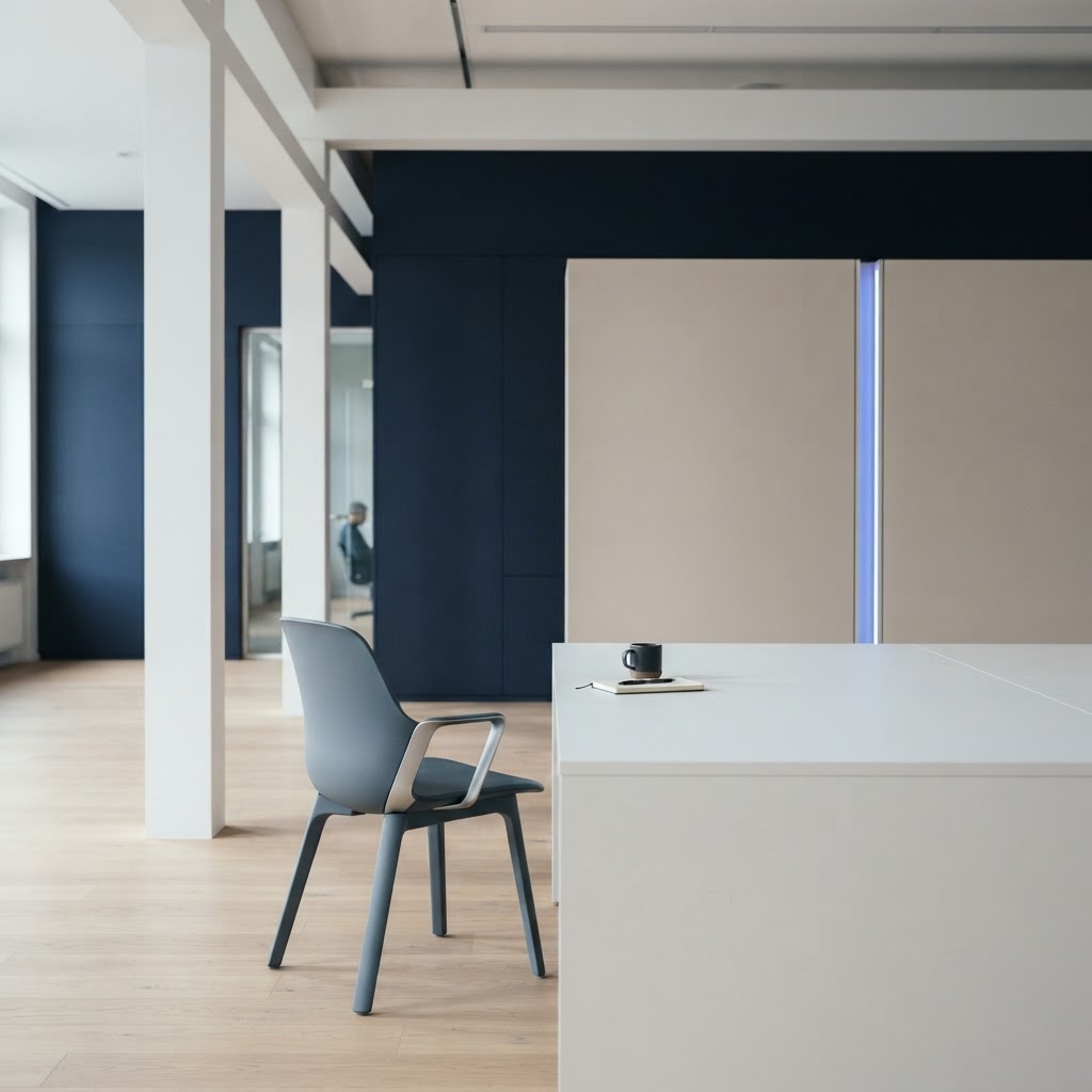 Minimalist architectural office space with blue lighting