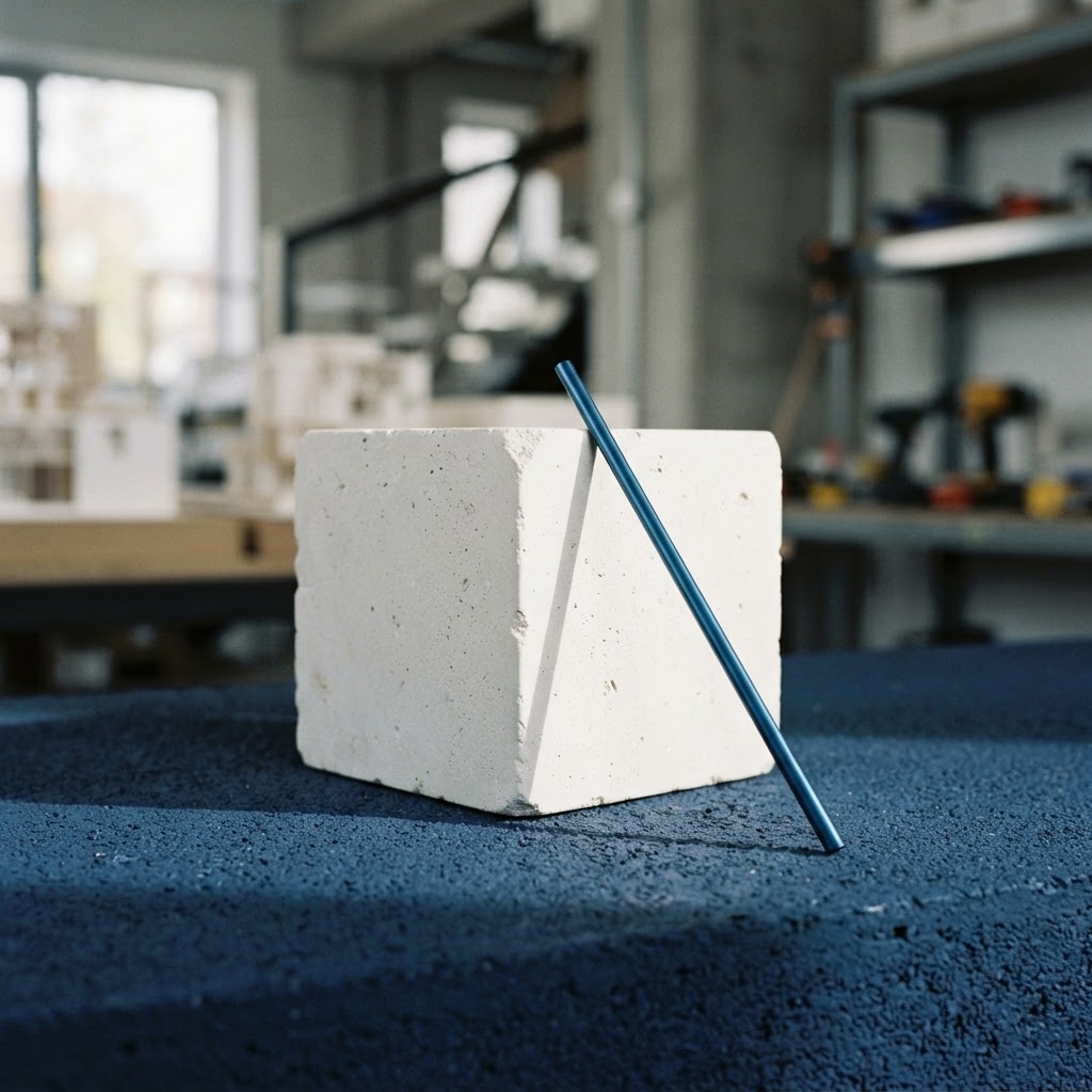 A stone cube with a metallic rod resting against it