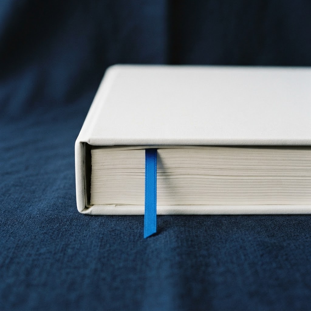 A white binder spine on a dark background with a blue bookmark