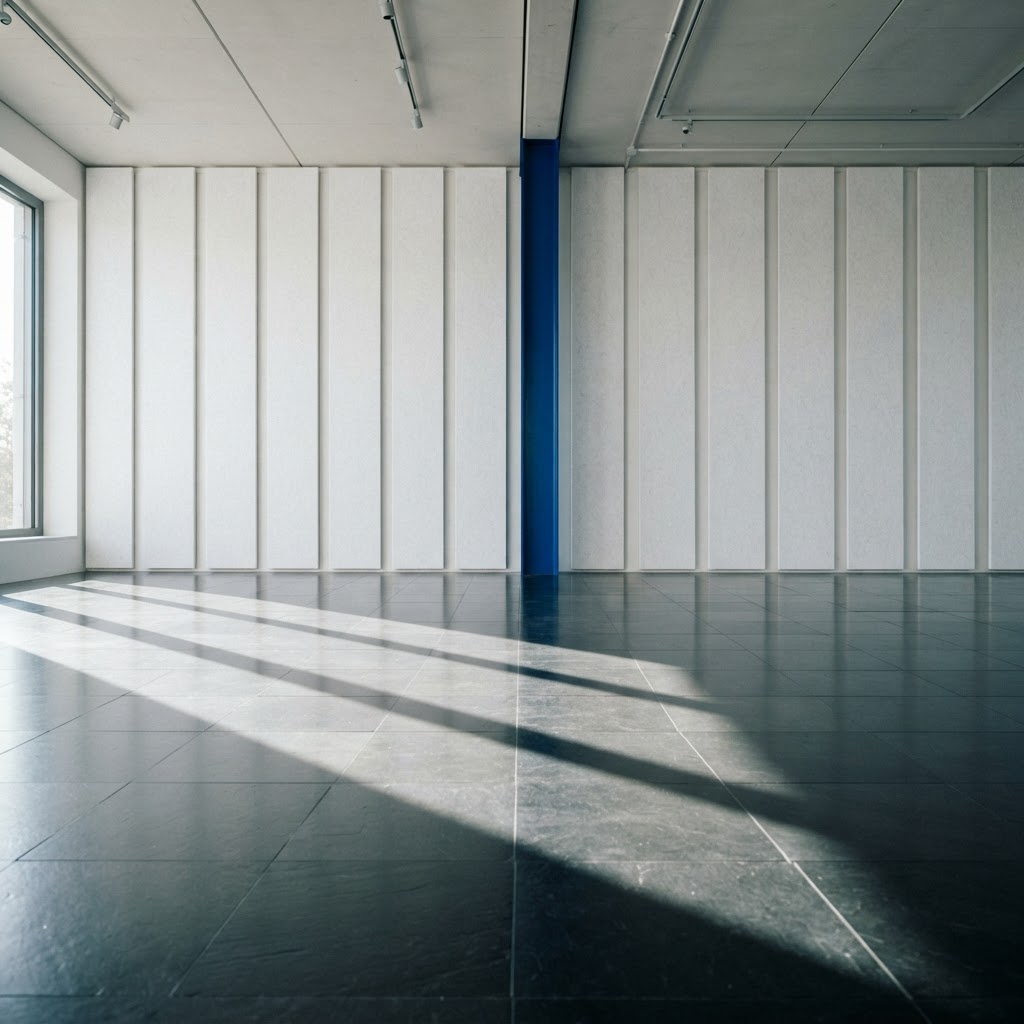 Minimalist architectural space with vertical wall panels and a blue beam