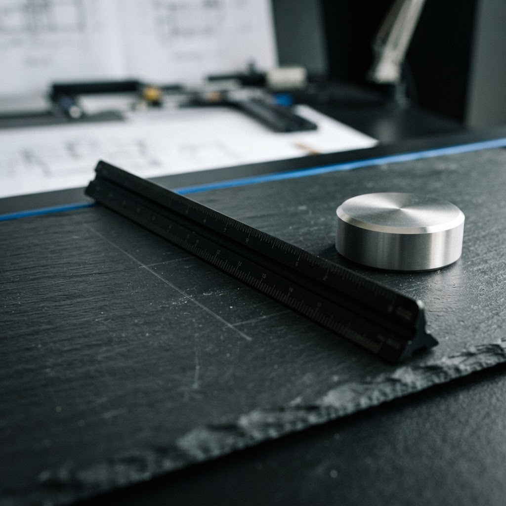 Architectural ruler and paperweight on a dark surface
