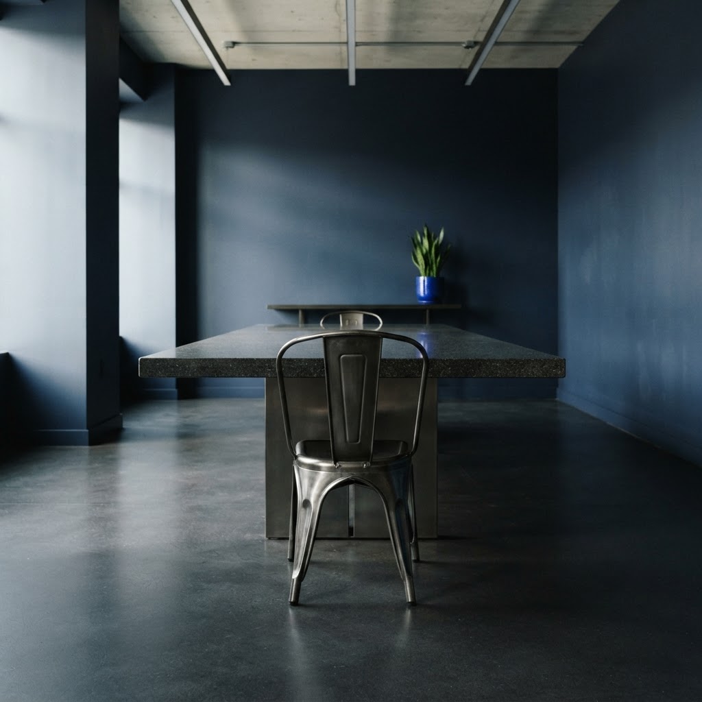 Minimalist modern office interior with a stone table