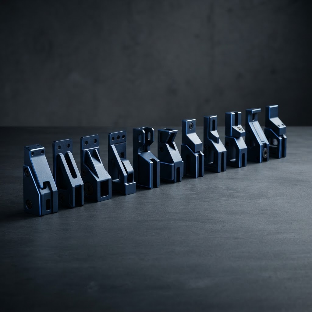 A sequence of matte navy steel components with electric blue trim