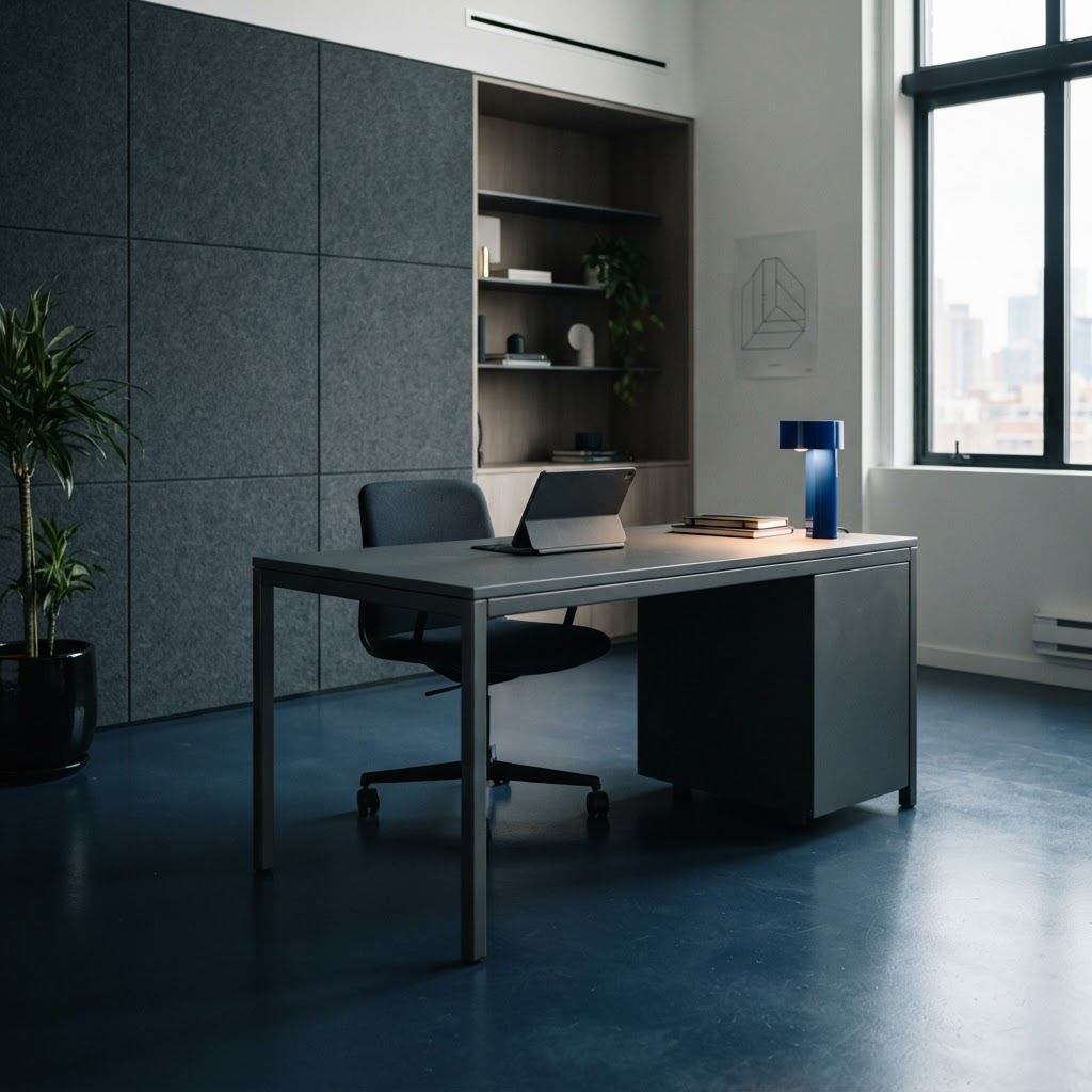 Minimalist workspace interior with a dark metal desk and accent lighting