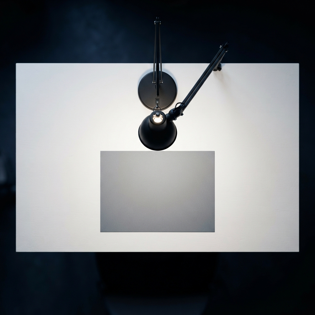 A minimalist workspace with a single lamp on a blank surface