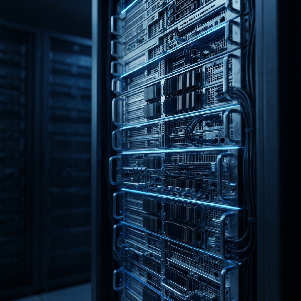 Clean industrial server rack components in high contrast lighting