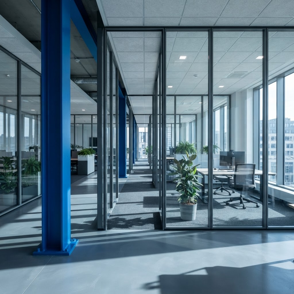 Minimalist architectural glass partitions with a single blue structural column