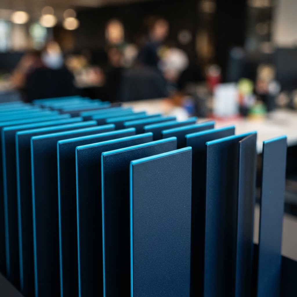 Close up of vertical metal filing separators with cyan trim
