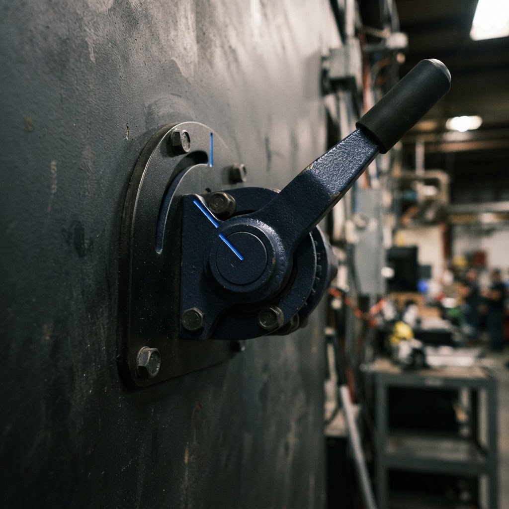 Mechanical lever on a wall with cyan indicator line