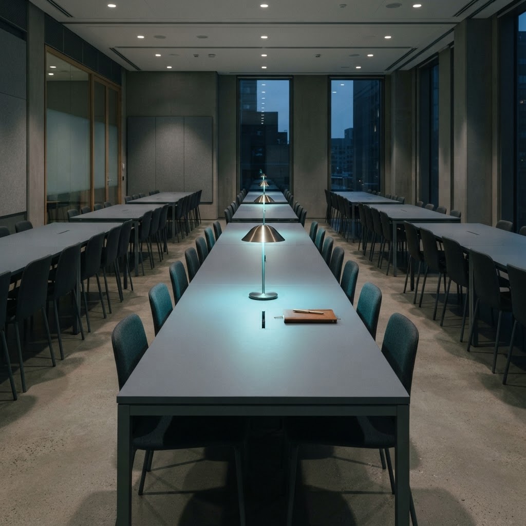 Minimalist conference room with a single cyan desk lamp