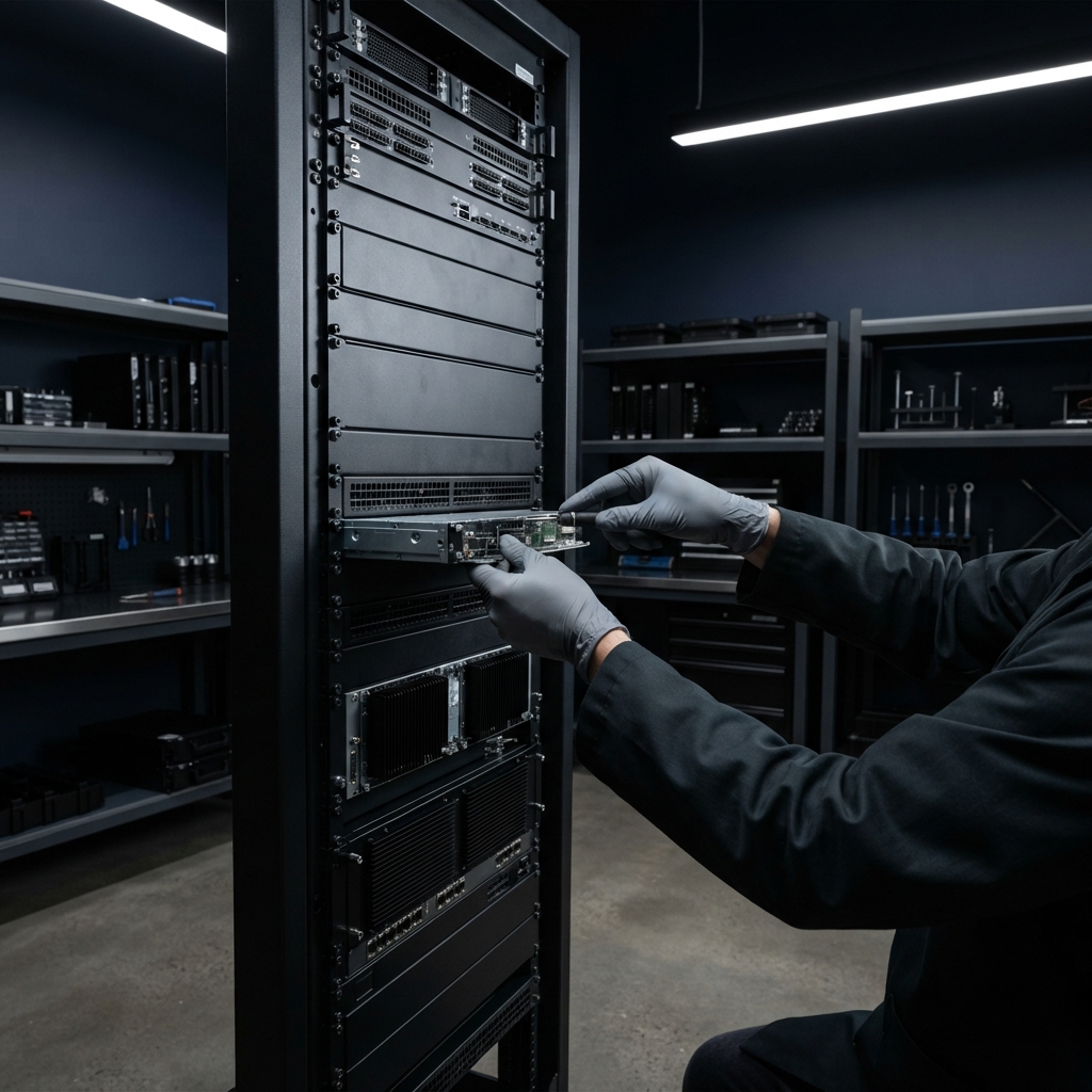 Engineer performing physical maintenance on server hardware