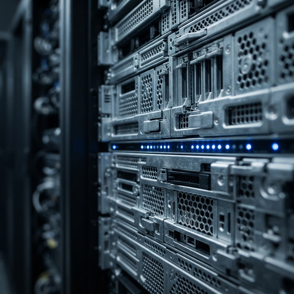 Modern server hardware racks in a dark environment