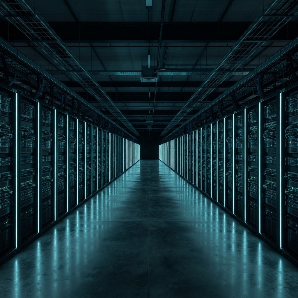 Rows of professional server infrastructure in a dark studio