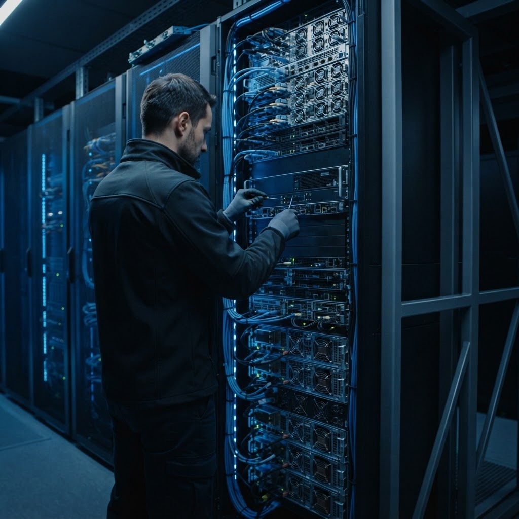 Engineer adjusting high performance server hardware