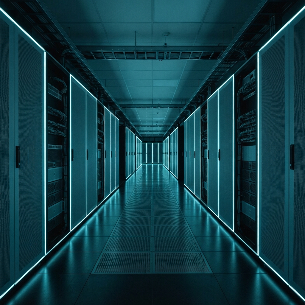 Modern server room with clean architectural symmetry