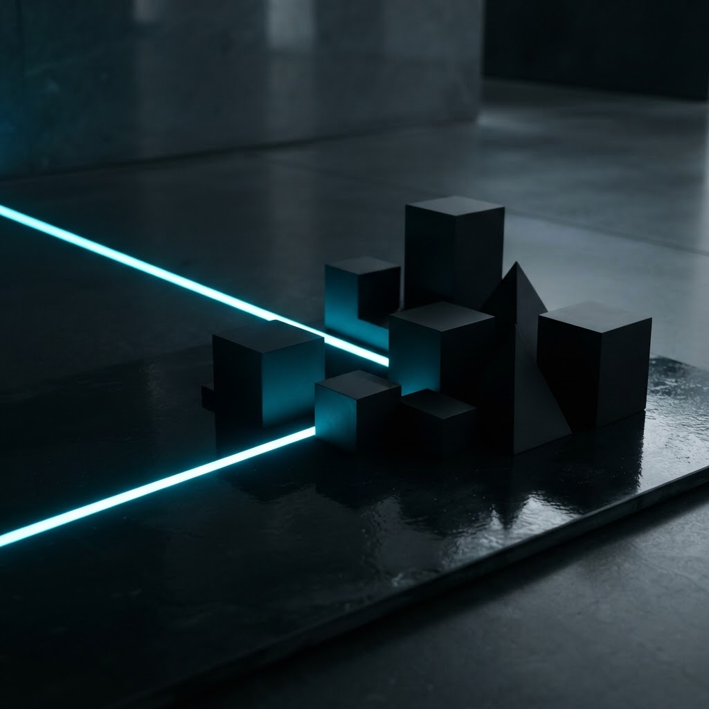 Abstract geometric arrangement on slate with cyan lighting