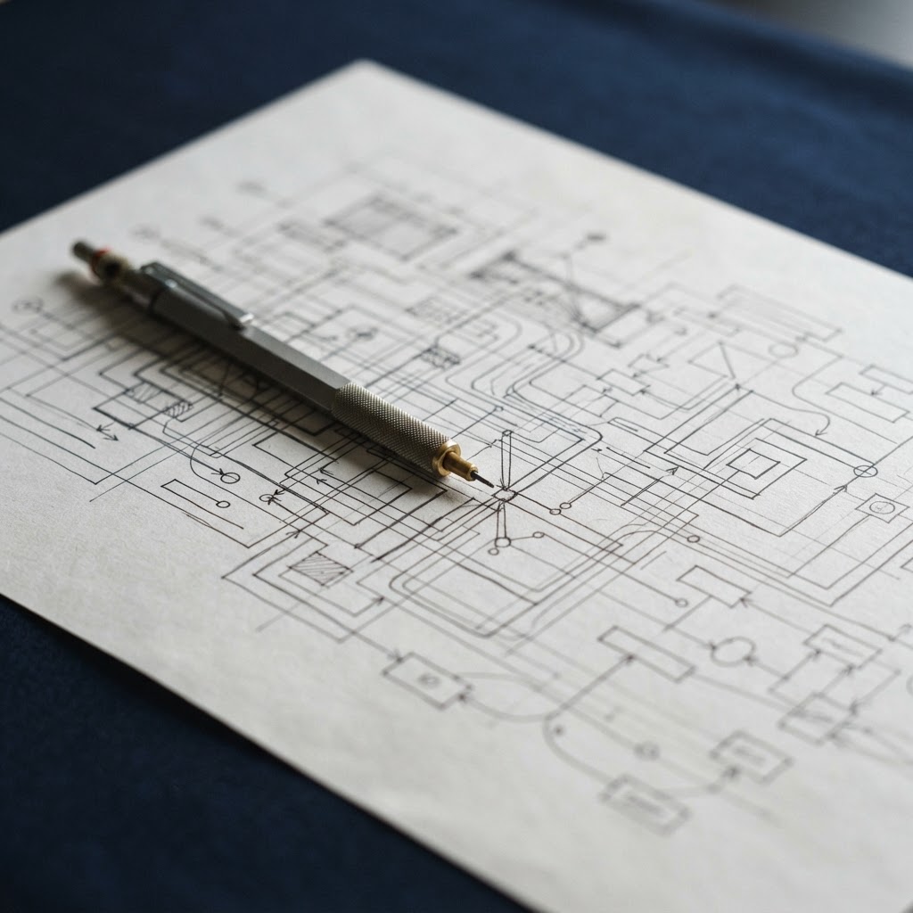Minimalist hand-drawn engineering wireframe on drafting paper