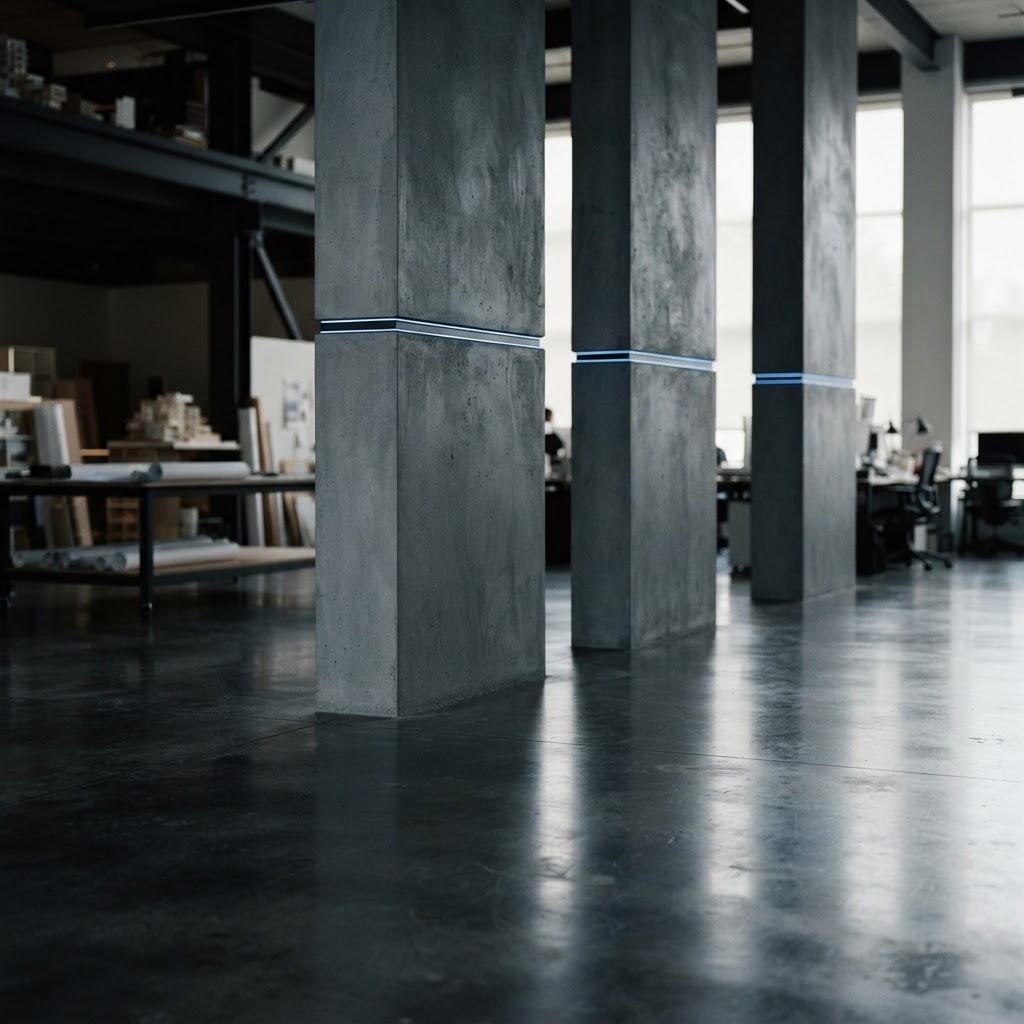 Interior view of minimalist slate pillars with horizontal blue trim