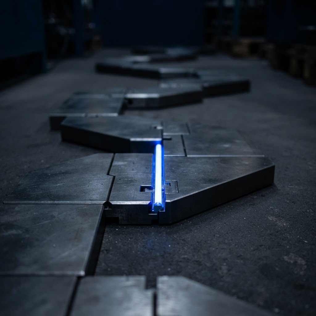 Macro view of interlocking metal plates with blue accent light