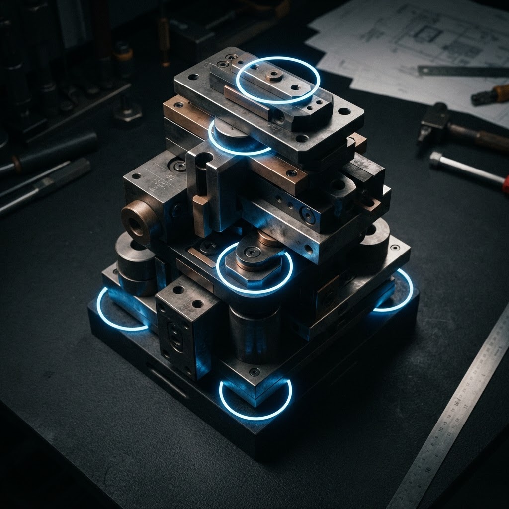 Solid shapes on a drafting table with blue rings at contact points