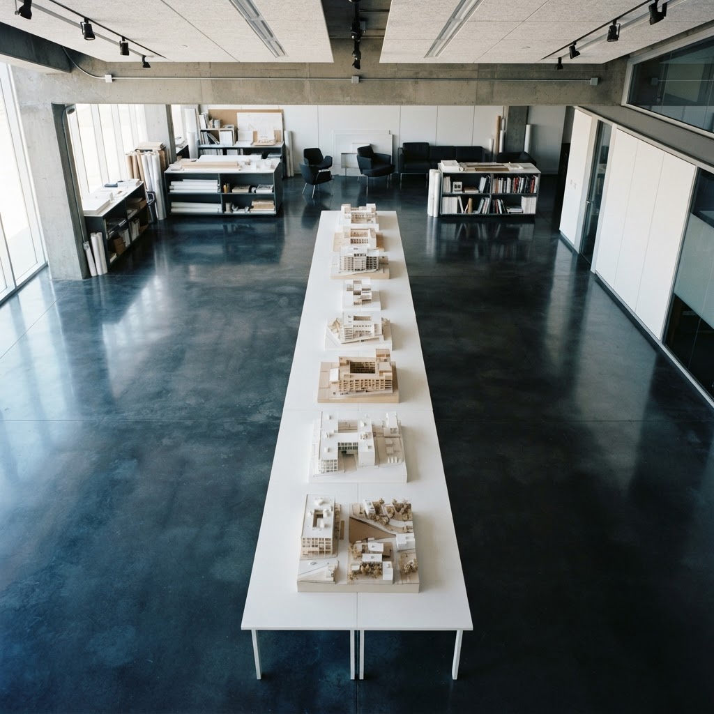 Wide view of a clean modern architectural studio space
