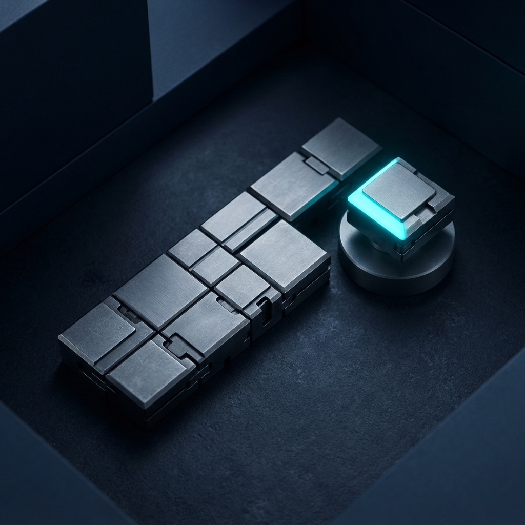 Interlocking slate gray metal blocks with cyan accent lighting