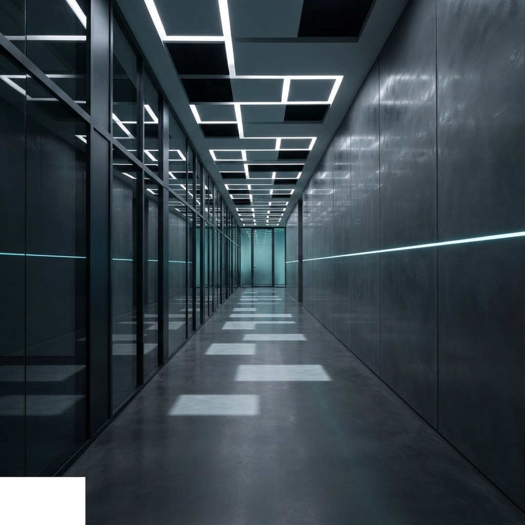 Minimalist architectural hallway with geometric light patterns
