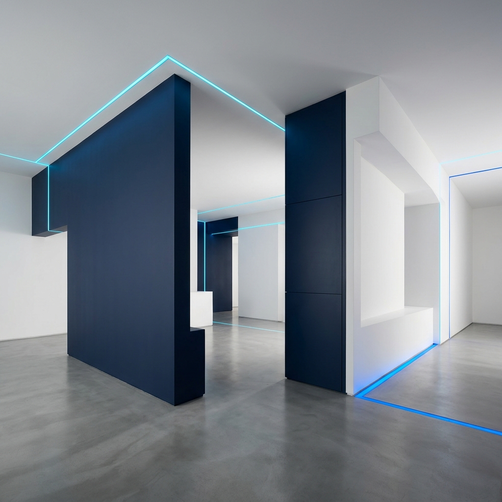 Minimalist studio space with geometric lighting design