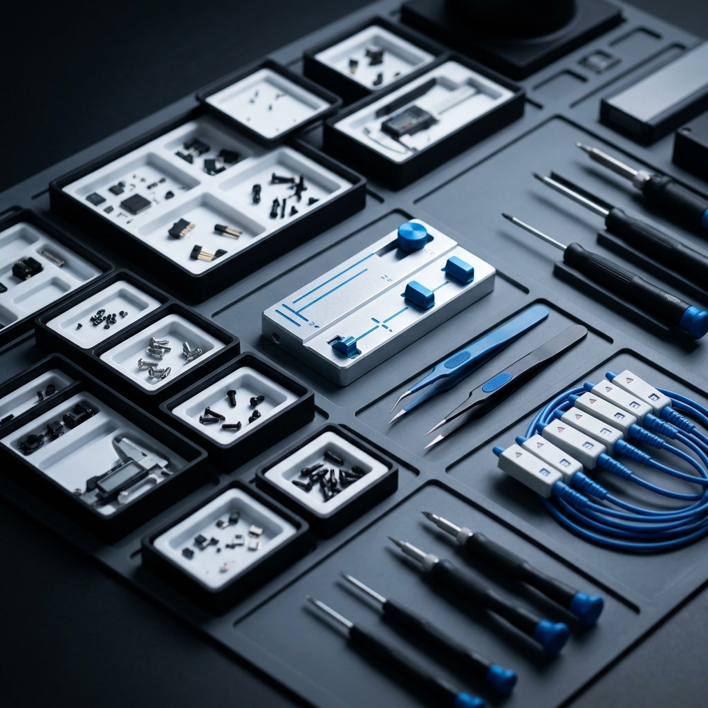 Overhead view of organized technical workbench components