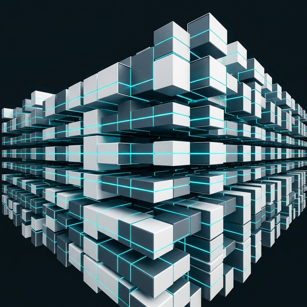 Stacked modular geometric forms with data flow indicators