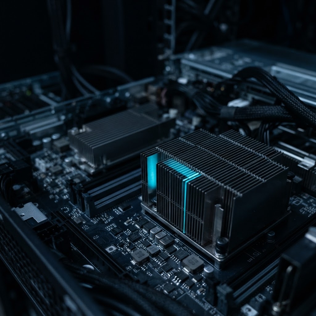 Macro view of precise server hardware components with cyan accent
