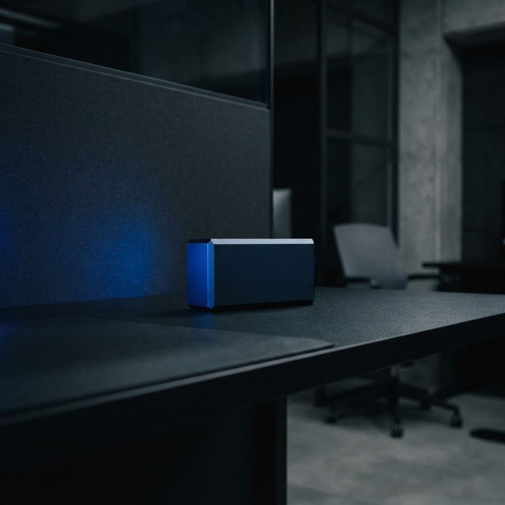 Minimalist workspace featuring a single heavy navy metal object