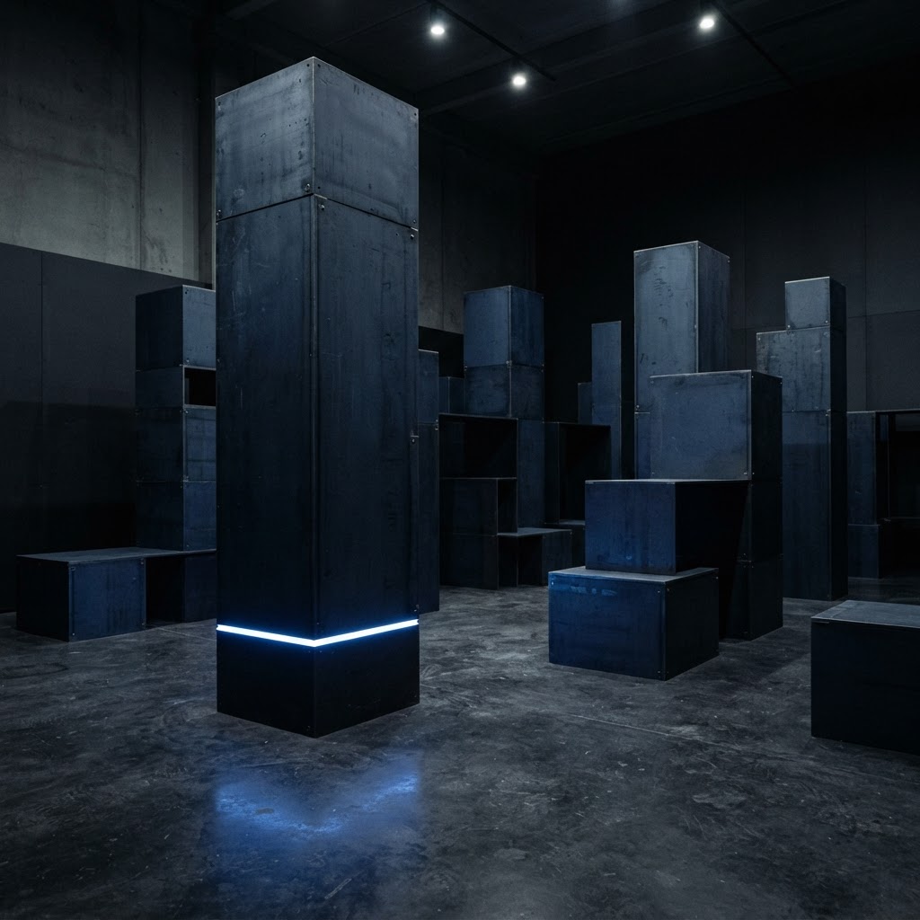 Staggered navy steel columns with a thin electric blue light accent