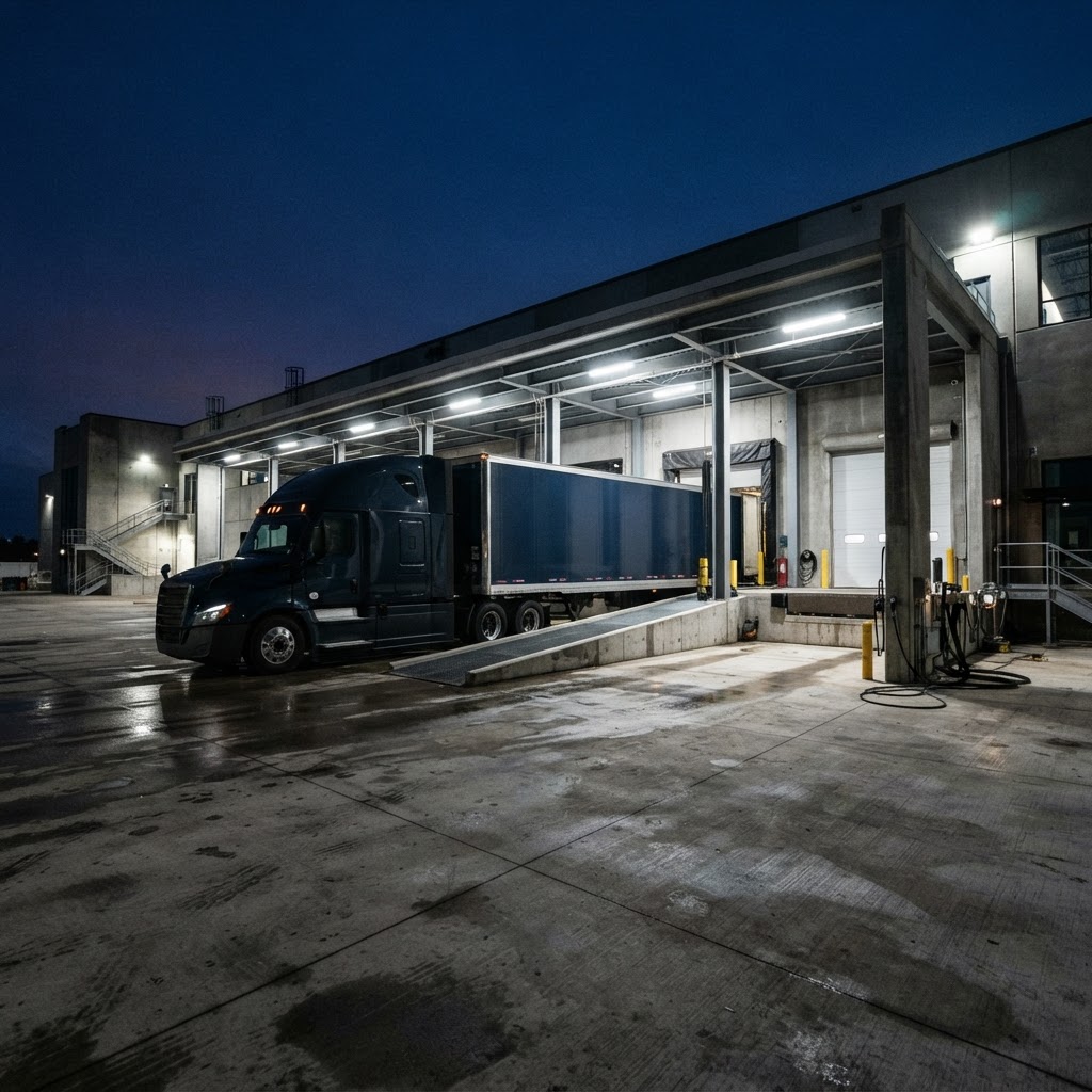 Large shipping truck parked at an industrial loading bay