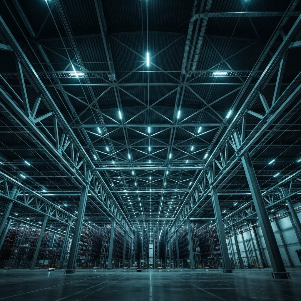 Modern warehouse architecture interior with structural beams