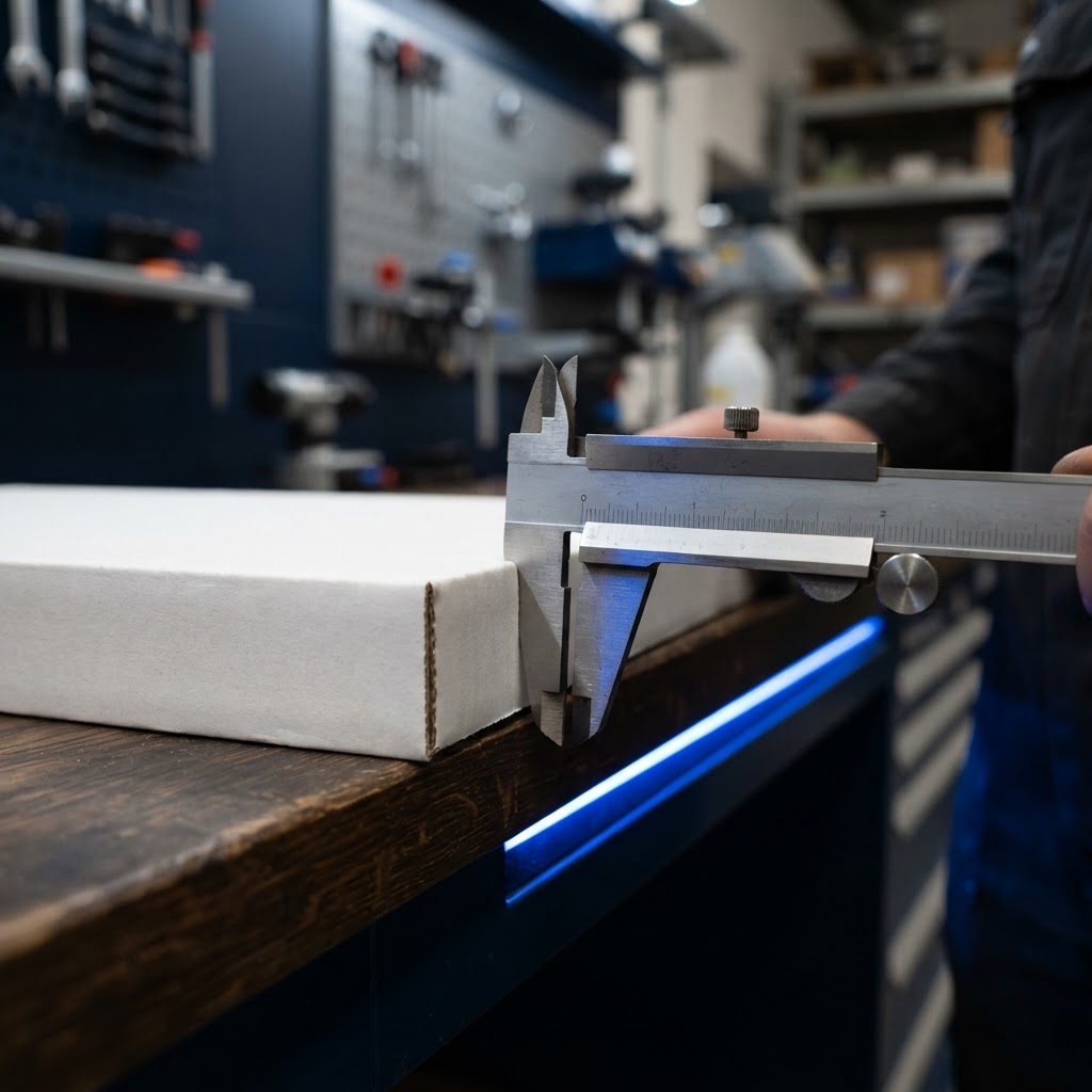 Industrial calipers measuring protective cardboard corner guard