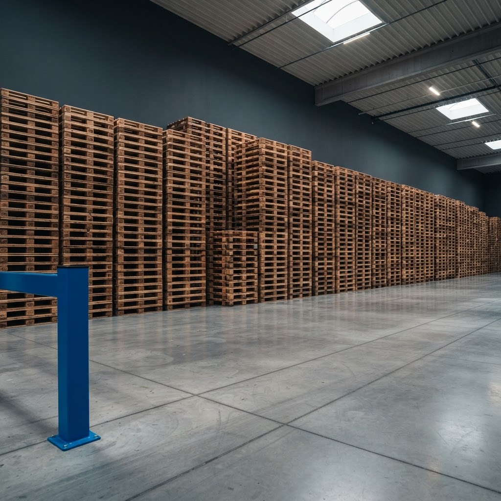 Rows of organized cargo pallets in a clean warehouse