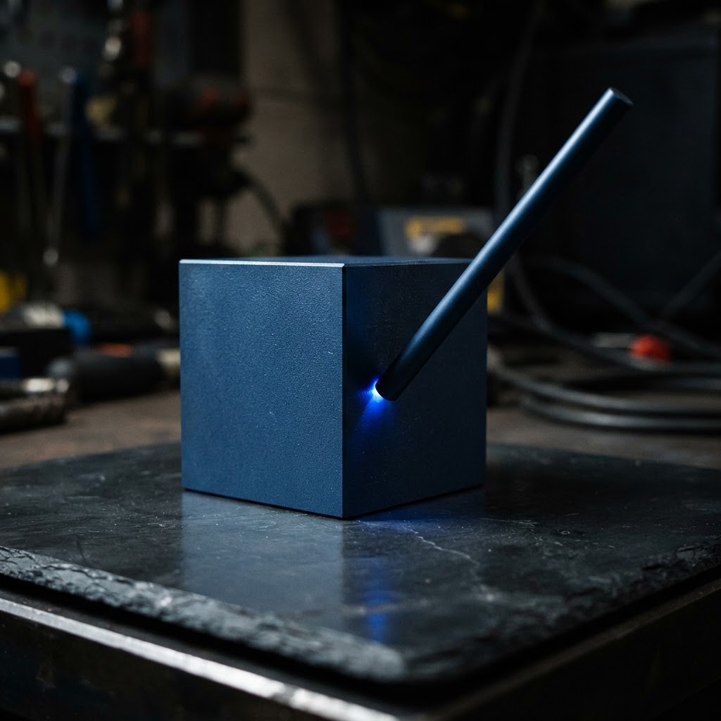 A navy steel rod resting against a navy steel block
