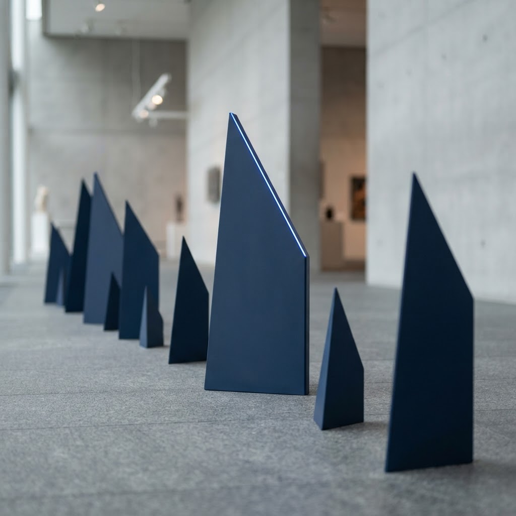 Arrangement of matte navy steel triangular prisms