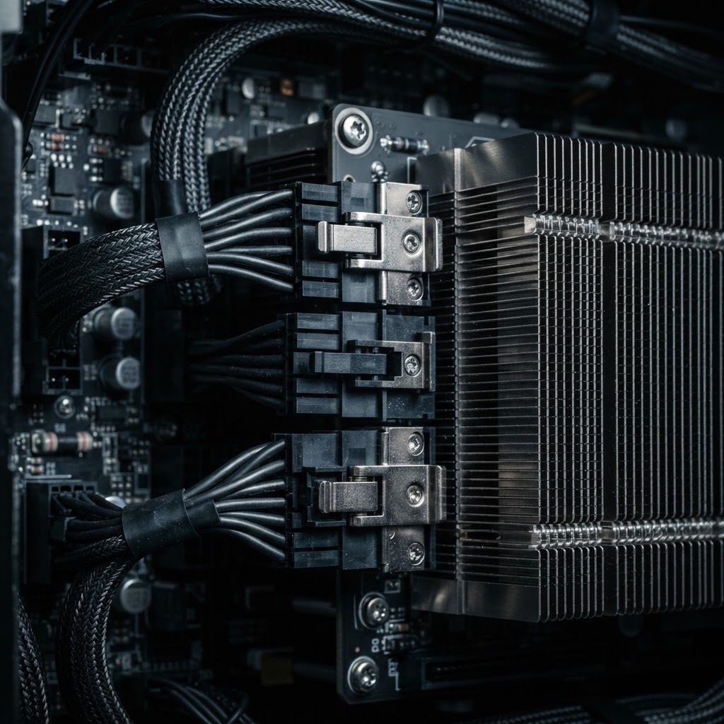 Macro photography of high-end server hardware and metallic internal components
