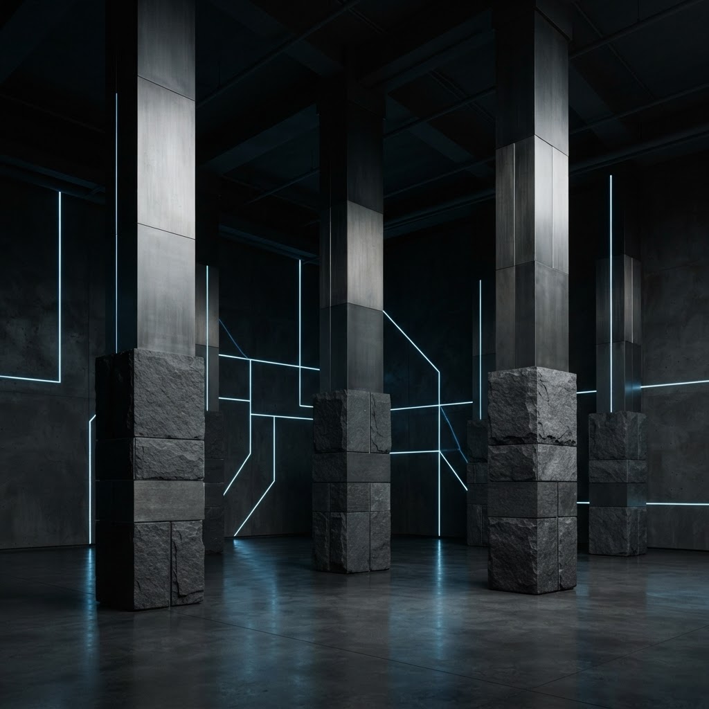 Minimalist architectural structures with sharp cyan light accents