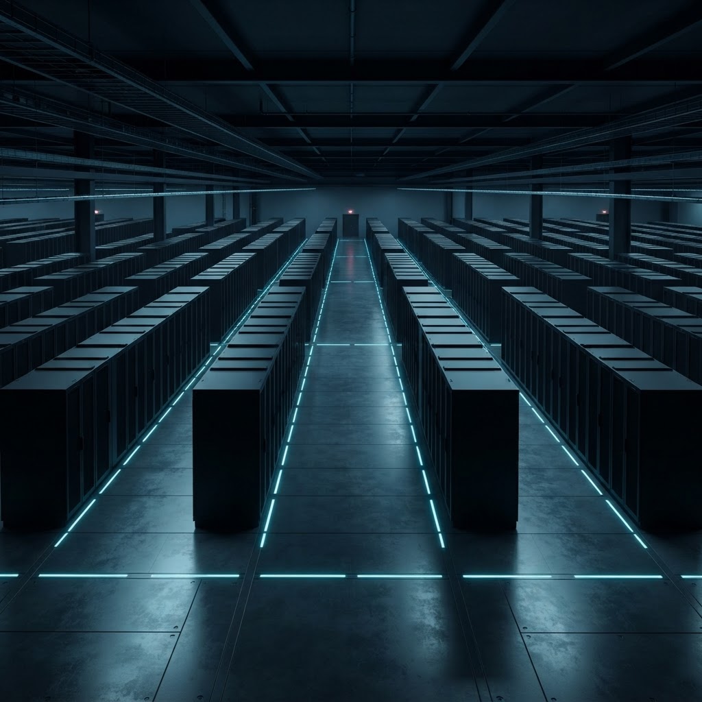 Modern server room with orderly hardware racks and blue accent lighting