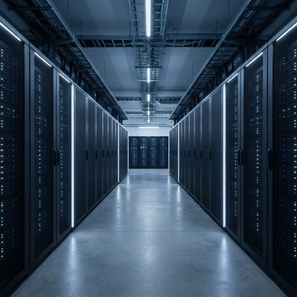 Symmetrical view of modern server room infrastructure